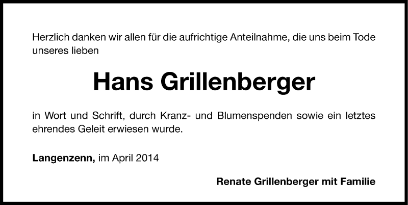  Traueranzeige für Hans Grillenberger vom 11.04.2014 aus Fürther Nachrichten Lokal