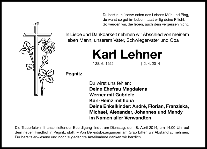  Traueranzeige für Karl Lehner vom 05.04.2014 aus Nordbayerische Nachrichten Pegnitz Lokal