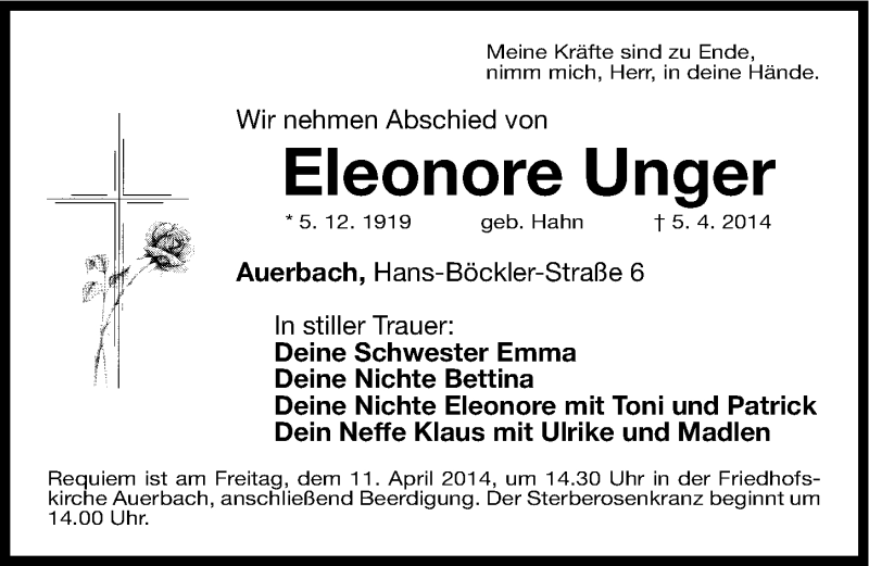  Traueranzeige für Eleonore Unger vom 07.04.2014 aus Nordbayerische Nachrichten Pegnitz Lokal