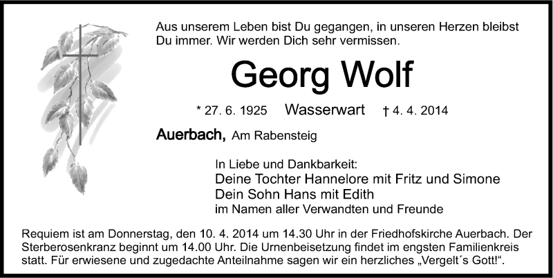  Traueranzeige für Georg Wolf vom 07.04.2014 aus Nordbayerische Nachrichten Pegnitz Lokal