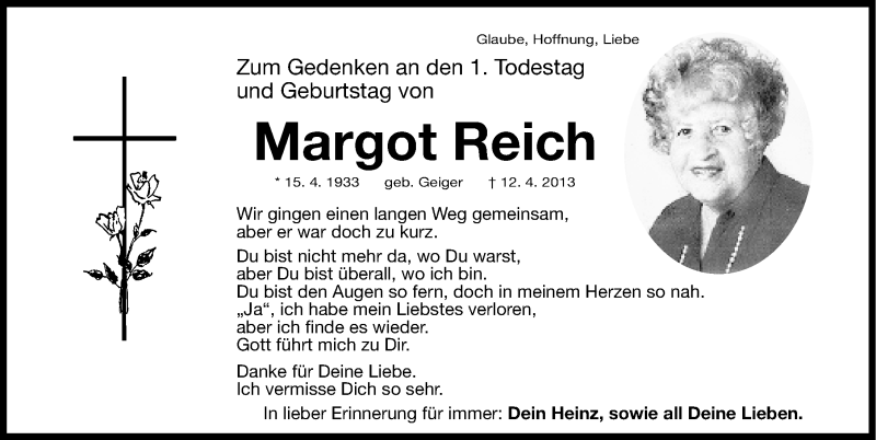  Traueranzeige für Margot Reich vom 12.04.2014 aus Fürther Nachrichten Lokal