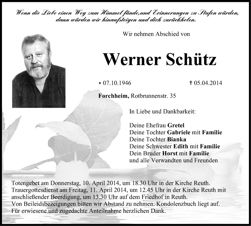  Traueranzeige für Werner Schütz vom 09.04.2014 aus Nordbayerische Nachrichten Forchheim Lokal