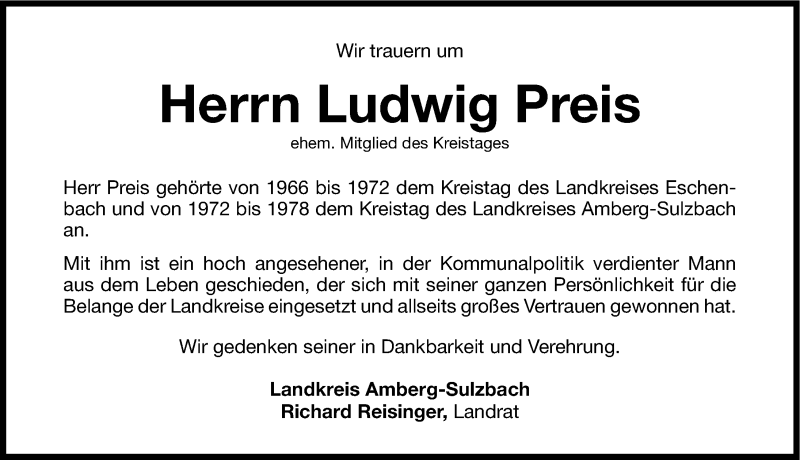  Traueranzeige für Ludwig Preis vom 09.04.2014 aus Nordbayerische Nachrichten Pegnitz Lokal