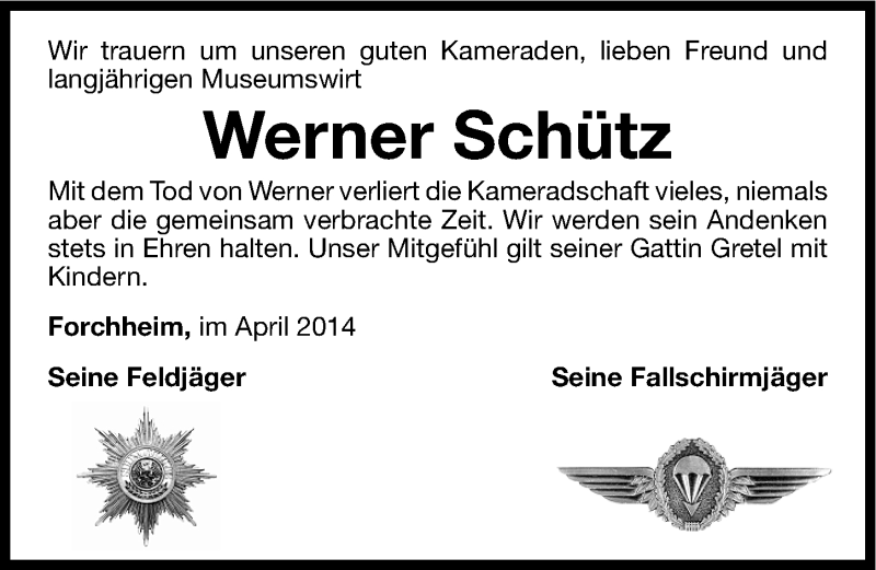  Traueranzeige für Werner Schütz vom 10.04.2014 aus Nordbayerische Nachrichten Forchheim Lokal