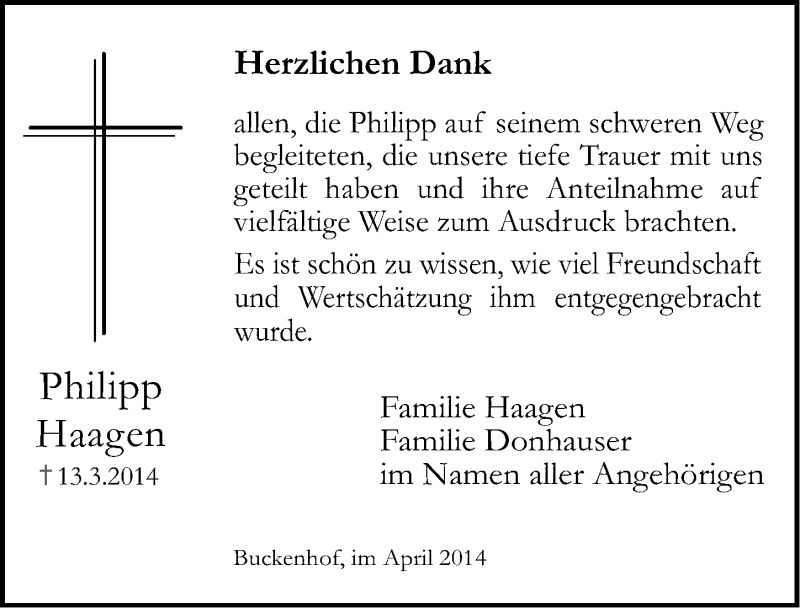 Traueranzeige für Philipp Haagen vom 10.04.2014 aus Erlanger Nachrichten Lokal