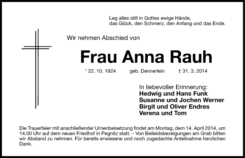  Traueranzeige für Anna Rauh vom 11.04.2014 aus Nordbayerische Nachrichten Pegnitz Lokal