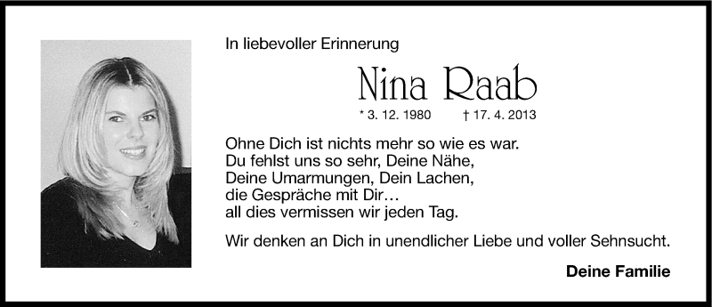  Traueranzeige für Nina Raab vom 17.04.2014 aus Fürther Nachrichten Lokal