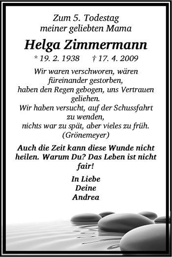 Traueranzeige von Helga Zimmermann von Gesamtausgabe Nürnberger Nachrichten/ Nürnberger Ztg.