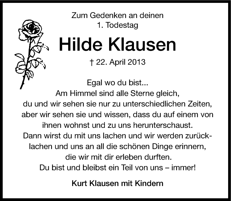  Traueranzeige für Hildegard Klausen vom 22.04.2014 aus Altmühl-Bote Lokal