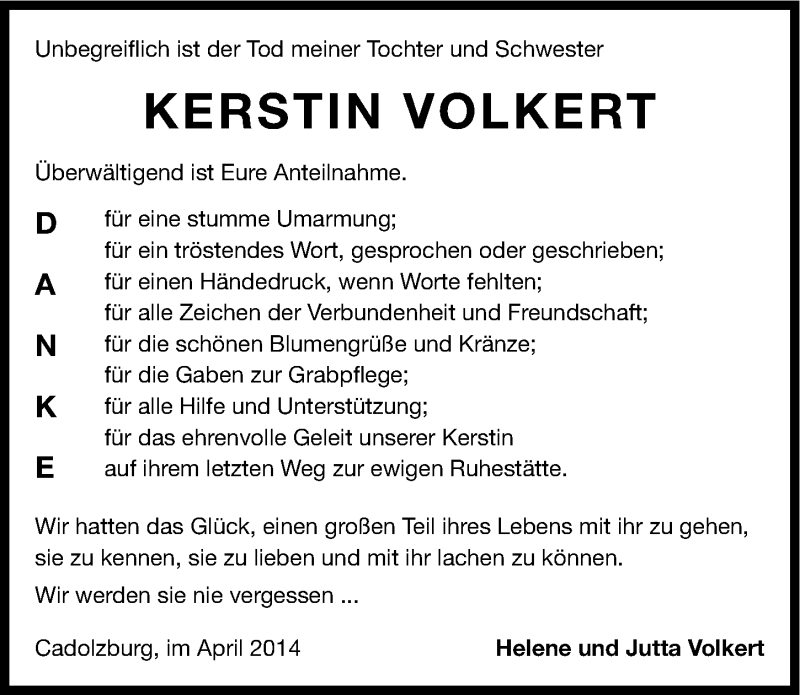  Traueranzeige für Kerstin Volkert vom 19.04.2014 aus Fürther Nachrichten Lokal