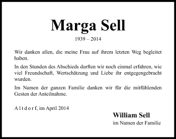 Traueranzeige von Marga Sell von Gesamtausgabe Nürnberger Nachrichten/ Nürnberger Ztg.