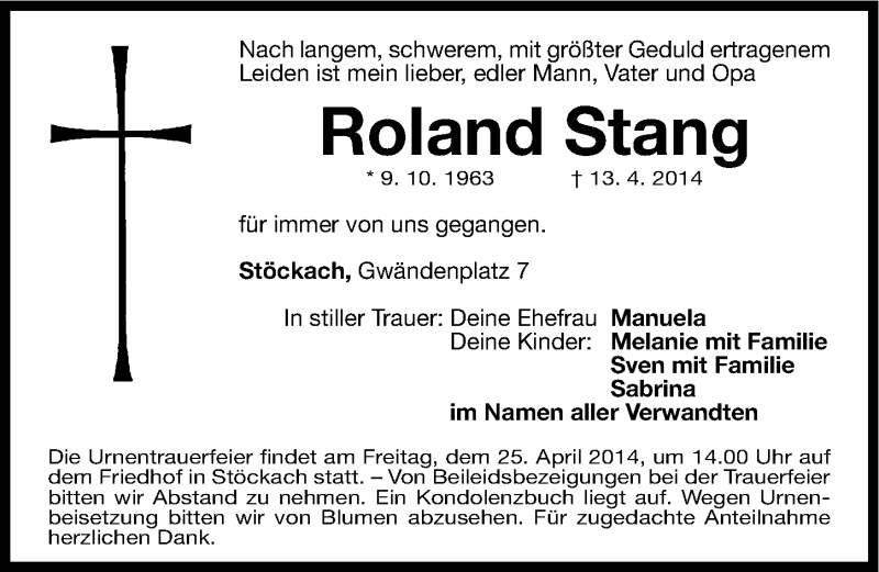  Traueranzeige für Roland Stang vom 23.04.2014 aus Gesamtausgabe Nürnberger Nachrichten/ Nürnberger Ztg.
