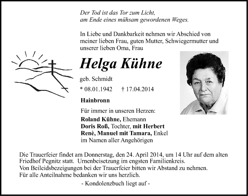 Traueranzeige für Helga Kühne vom 22.04.2014 aus Nordbayerische Nachrichten Pegnitz Lokal