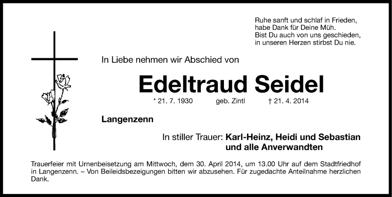  Traueranzeige für Edeltraud Seidel vom 26.04.2014 aus Fürther Nachrichten Lokal