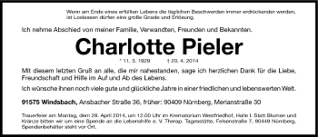 Traueranzeige von Charlotte Pieler von Gesamtausgabe Nürnberger Nachrichten/ Nürnberger Ztg.