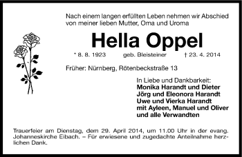 Traueranzeige von Hella Oppel von Gesamtausgabe Nürnberger Nachrichten/ Nürnberger Ztg.