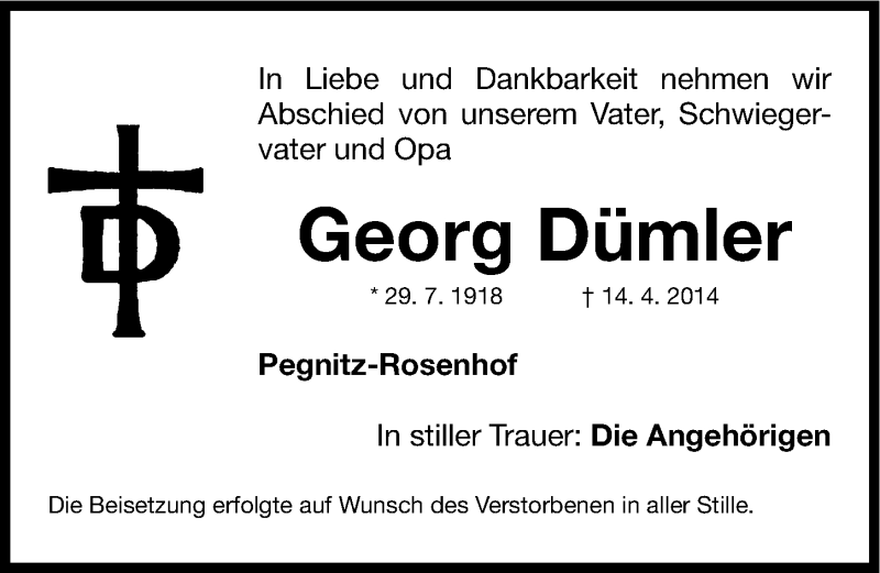 Traueranzeige für Georg Dümler vom 26.04.2014 aus Nordbayerische Nachrichten Pegnitz Lokal