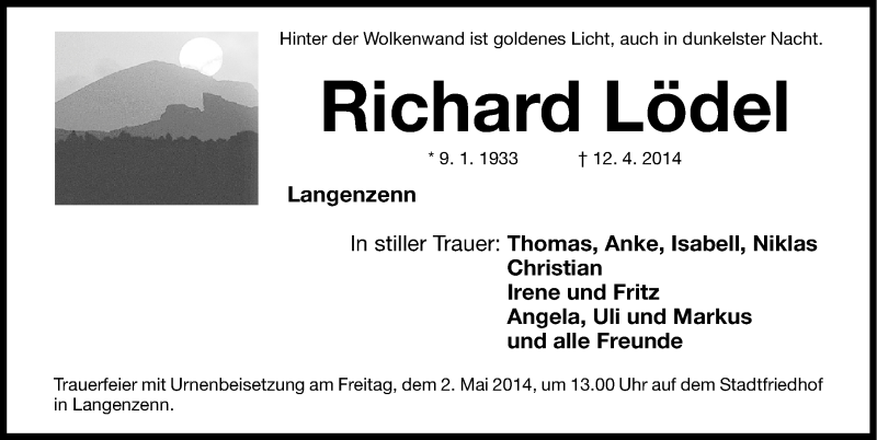  Traueranzeige für Richard Lödel vom 29.04.2014 aus Fürther Nachrichten Lokal