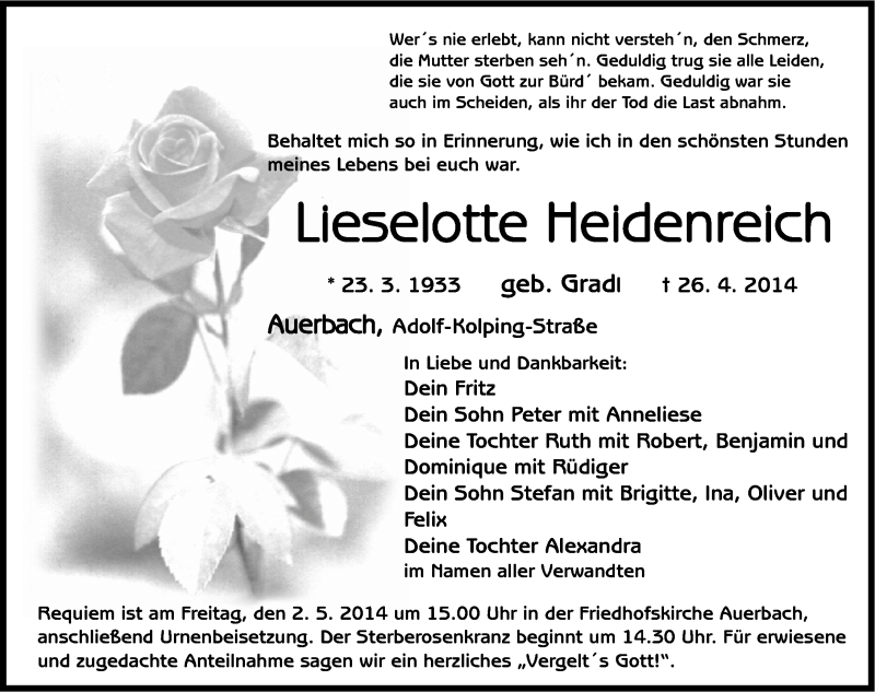  Traueranzeige für Lieselotte Heidenreich vom 28.04.2014 aus Nordbayerische Nachrichten Pegnitz Lokal