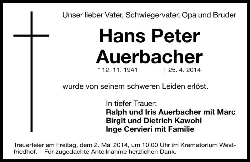  Traueranzeige für Hans Peter Auerbacher vom 30.04.2014 aus Gesamtausgabe Nürnberger Nachrichten/ Nürnberger Ztg.