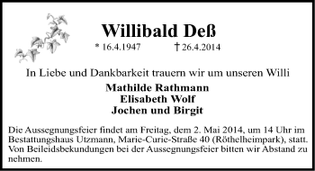 Traueranzeige von Willibald Deß von Erlanger Nachrichten Lokal