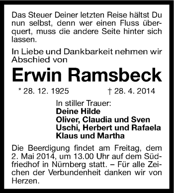 Traueranzeige von Erwin Ramsbeck von Gesamtausgabe Nürnberger Nachrichten/ Nürnberger Ztg.