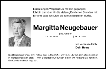 Traueranzeige von Margitta Neugebauer von Nordbayerische Nachrichten Herzogenaurach Lokal