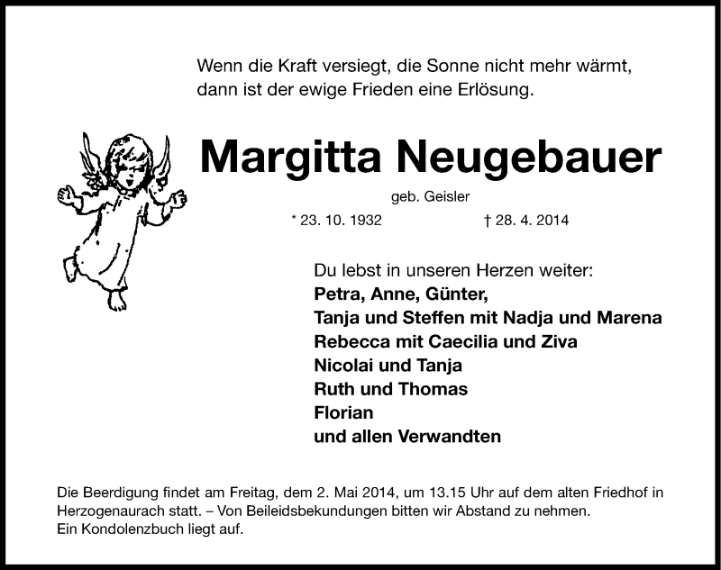  Traueranzeige für Margitta Neugebauer vom 30.04.2014 aus Nordbayerische Nachrichten Herzogenaurach Lokal