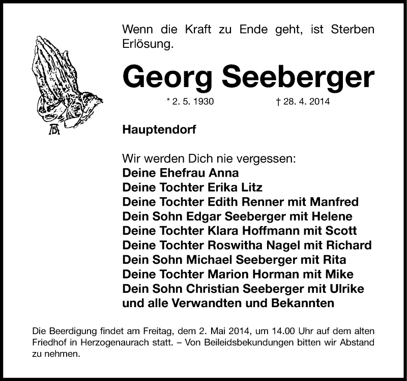  Traueranzeige für Georg Seeberger vom 30.04.2014 aus Nordbayerische Nachrichten Herzogenaurach Lokal