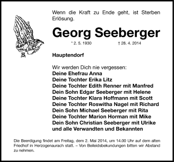 Traueranzeige von Georg Seeberger von Nordbayerische Nachrichten Herzogenaurach Lokal