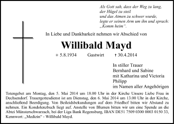 Traueranzeige von Willibald Mayd von Erlanger Nachrichten Lokal