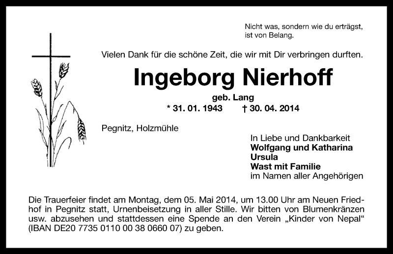 Traueranzeige für Ingeborg Nierhoff vom 03.05.2014 aus Nordbayerische Nachrichten Pegnitz Lokal