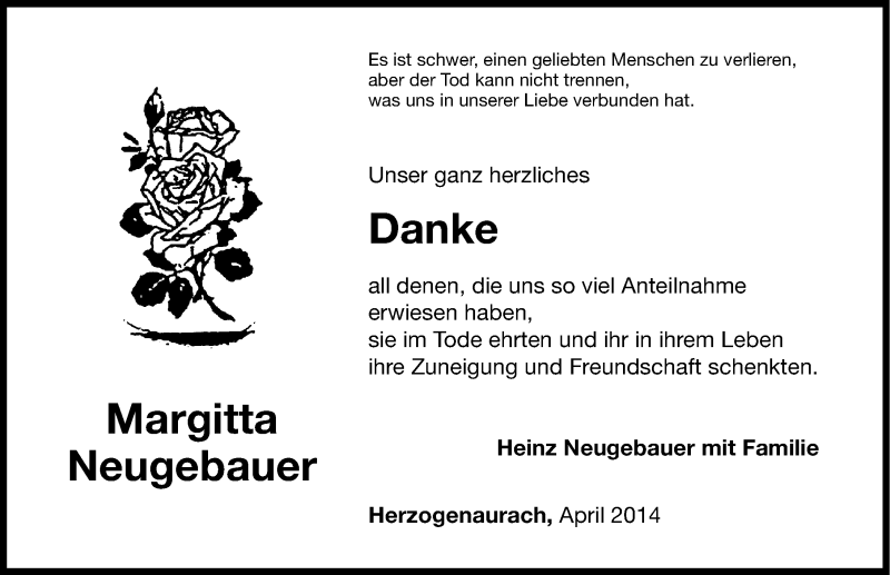  Traueranzeige für Margitta Neugebauer vom 07.05.2014 aus Nordbayerische Nachrichten Herzogenaurach Lokal
