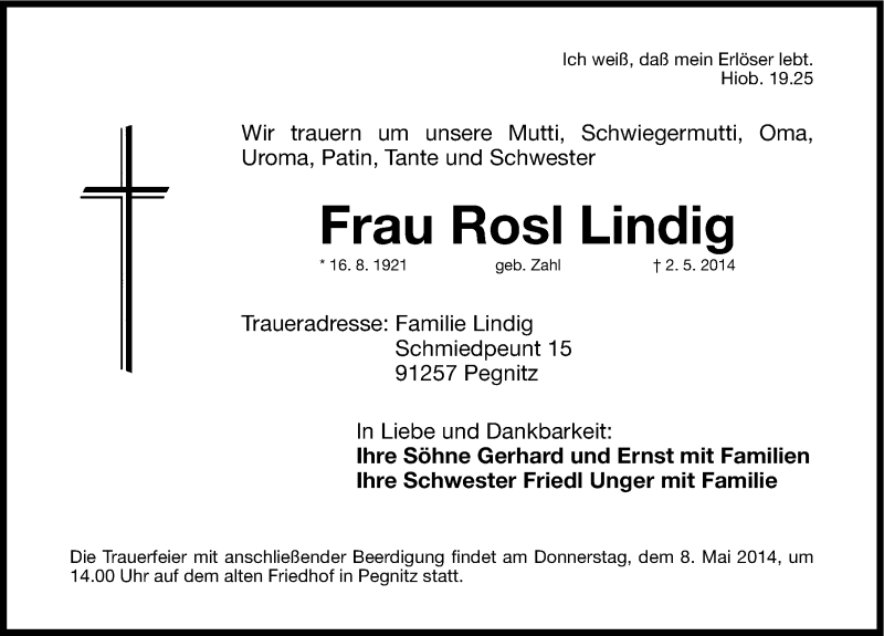  Traueranzeige für Rosl Lindig vom 06.05.2014 aus Nordbayerische Nachrichten Pegnitz Lokal