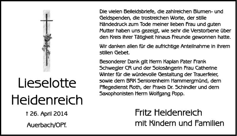  Traueranzeige für Lieselotte Heidenreich vom 10.05.2014 aus Nordbayerische Nachrichten Pegnitz Lokal