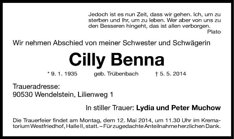  Traueranzeige für Cilly Benna vom 10.05.2014 aus Gesamtausgabe Nürnberger Nachrichten/ Nürnberger Ztg.
