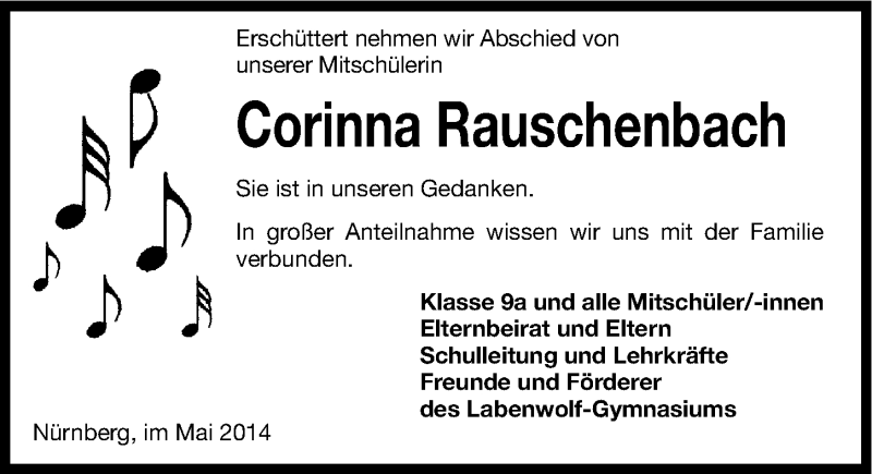  Traueranzeige für Corinna Rauschenbach vom 10.05.2014 aus Gesamtausgabe Nürnberger Nachrichten/ Nürnberger Ztg.