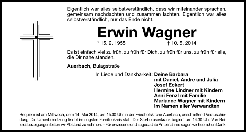  Traueranzeige für Erwin Wagner vom 12.05.2014 aus Nordbayerische Nachrichten Pegnitz Lokal