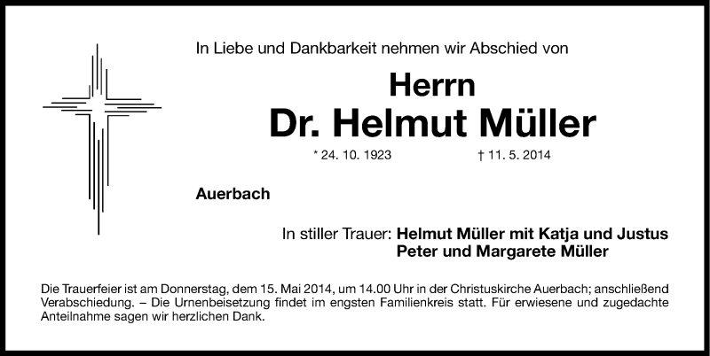  Traueranzeige für Helmut Müller vom 12.05.2014 aus Nordbayerische Nachrichten Pegnitz Lokal