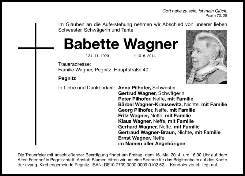  Traueranzeige für Babette Wagner vom 13.05.2014 aus Nordbayerische Nachrichten Pegnitz Lokal