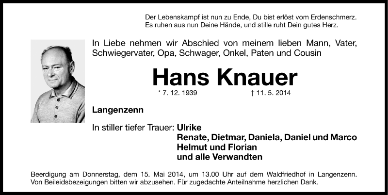  Traueranzeige für Hans Knauer vom 13.05.2014 aus Fürther Nachrichten Lokal