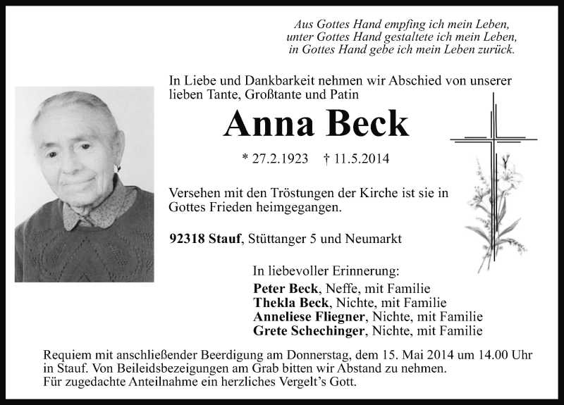Traueranzeigen von Anna Beck | trauer.nn.de