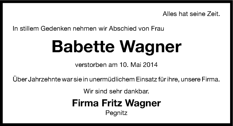  Traueranzeige für Babette Wagner vom 13.05.2014 aus Nordbayerische Nachrichten Pegnitz Lokal