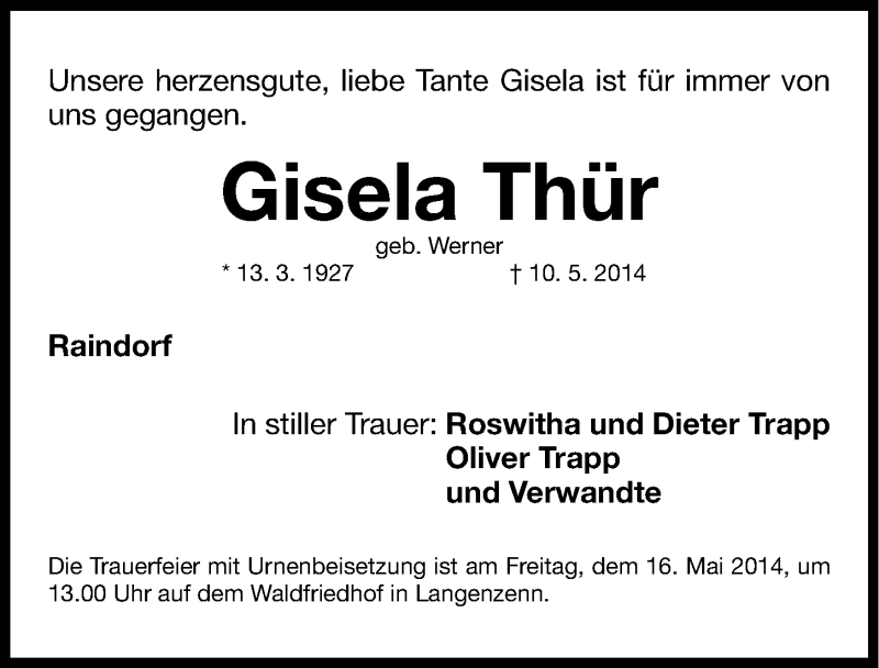  Traueranzeige für Gisela Thür vom 13.05.2014 aus Fürther Nachrichten Lokal