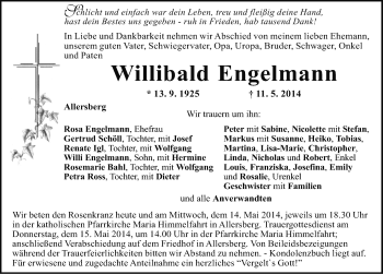 Traueranzeige von Willibald Engelmann von Roth-Hilpoltsteiner Volkszeitung Lokal