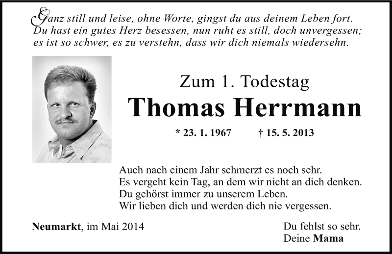  Traueranzeige für Thomas Herrmann vom 15.05.2014 aus Neumarkter Nachrichten Lokal