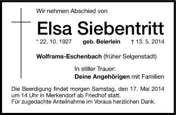 Traueranzeige von Elsa Siebentritt von Altmühl-Bote Lokal