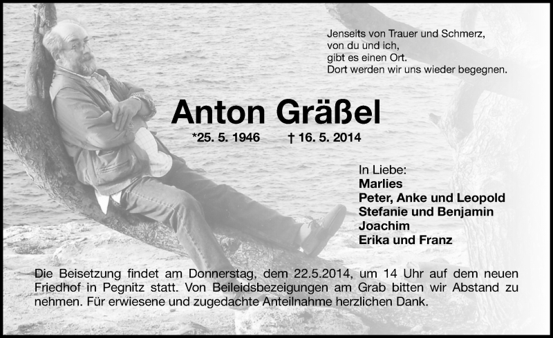  Traueranzeige für Anton Gräßel vom 17.05.2014 aus Nordbayerische Nachrichten Pegnitz Lokal