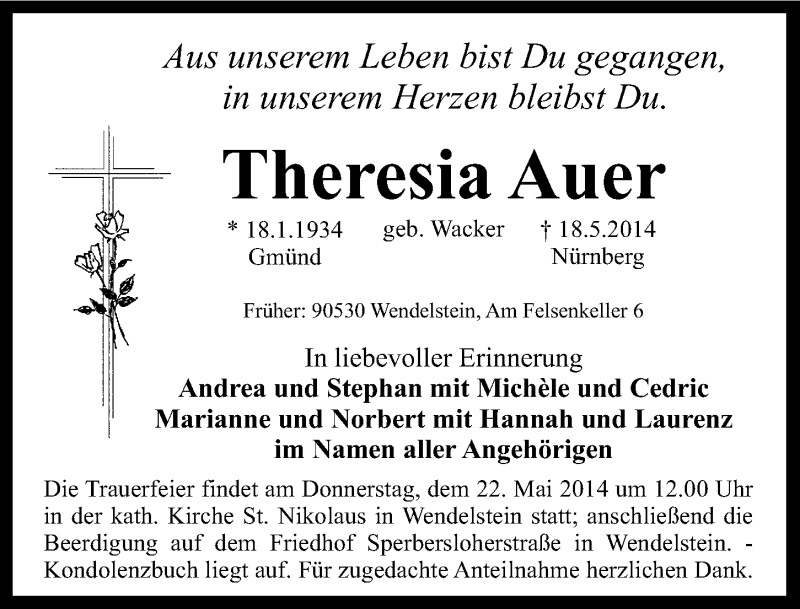  Traueranzeige für Theresia Auer vom 21.05.2014 aus Gesamtausgabe Nürnberger Nachrichten/ Nürnberger Ztg.
