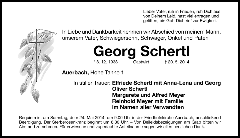  Traueranzeige für Georg Schertl vom 21.05.2014 aus Nordbayerische Nachrichten Pegnitz Lokal